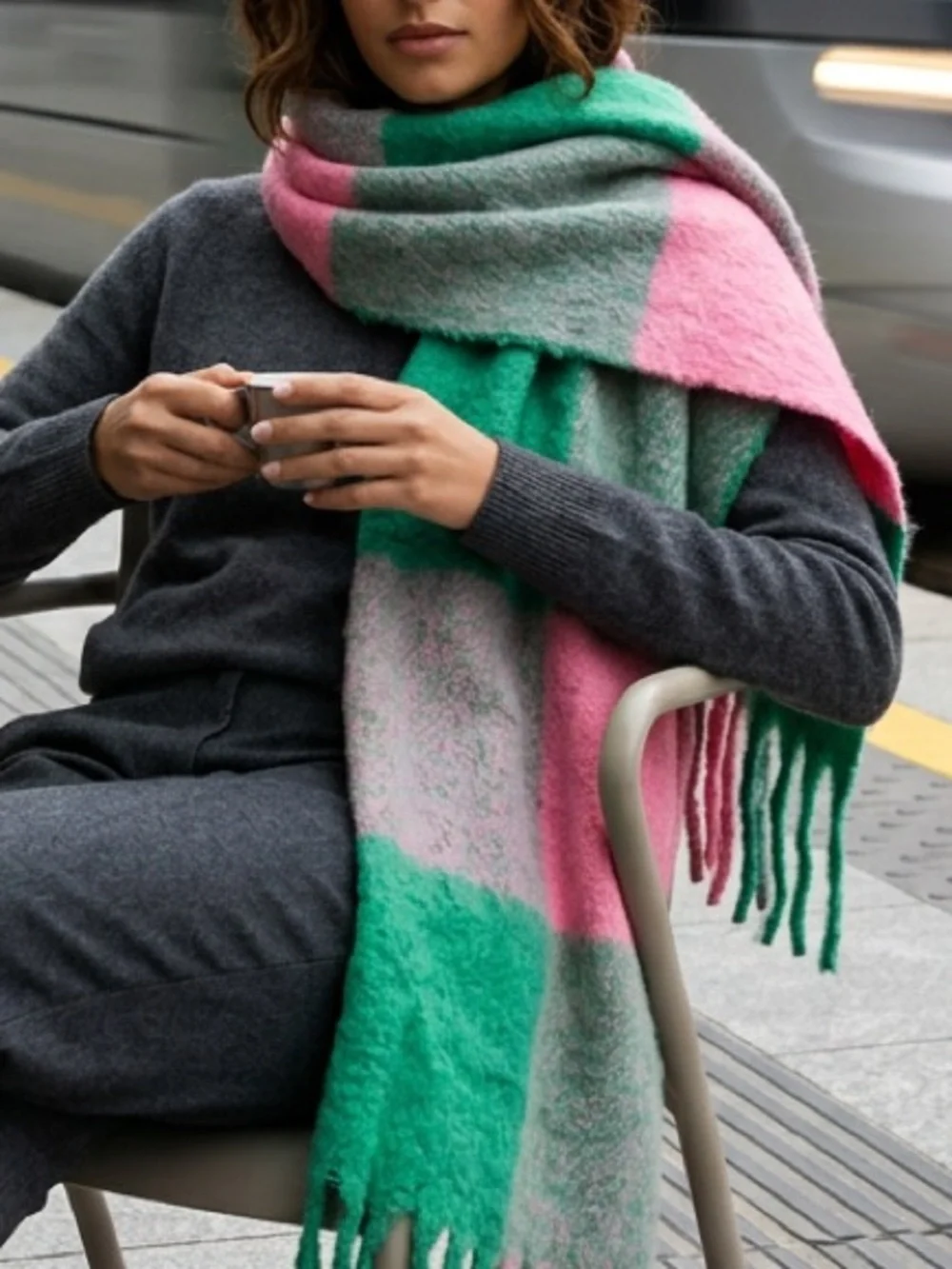 Plaid Fringe Scarf in Pink and Green